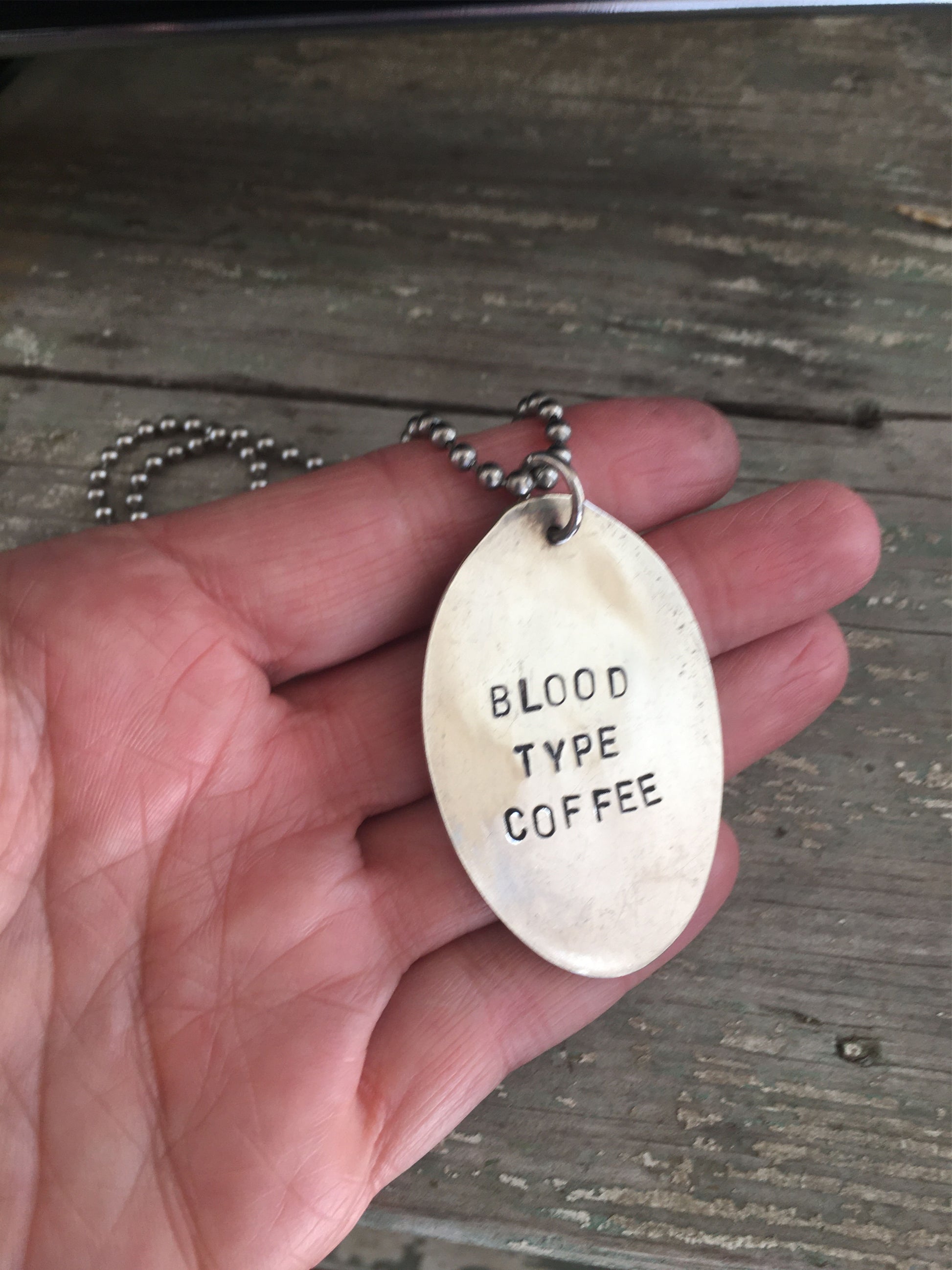 BLOOD TYPE COFFEE stamped spoon necklace showing hand-stamped message on upcycled vintage silverplate, layerable coffee enthusiast jewelry, one-of-a-kind