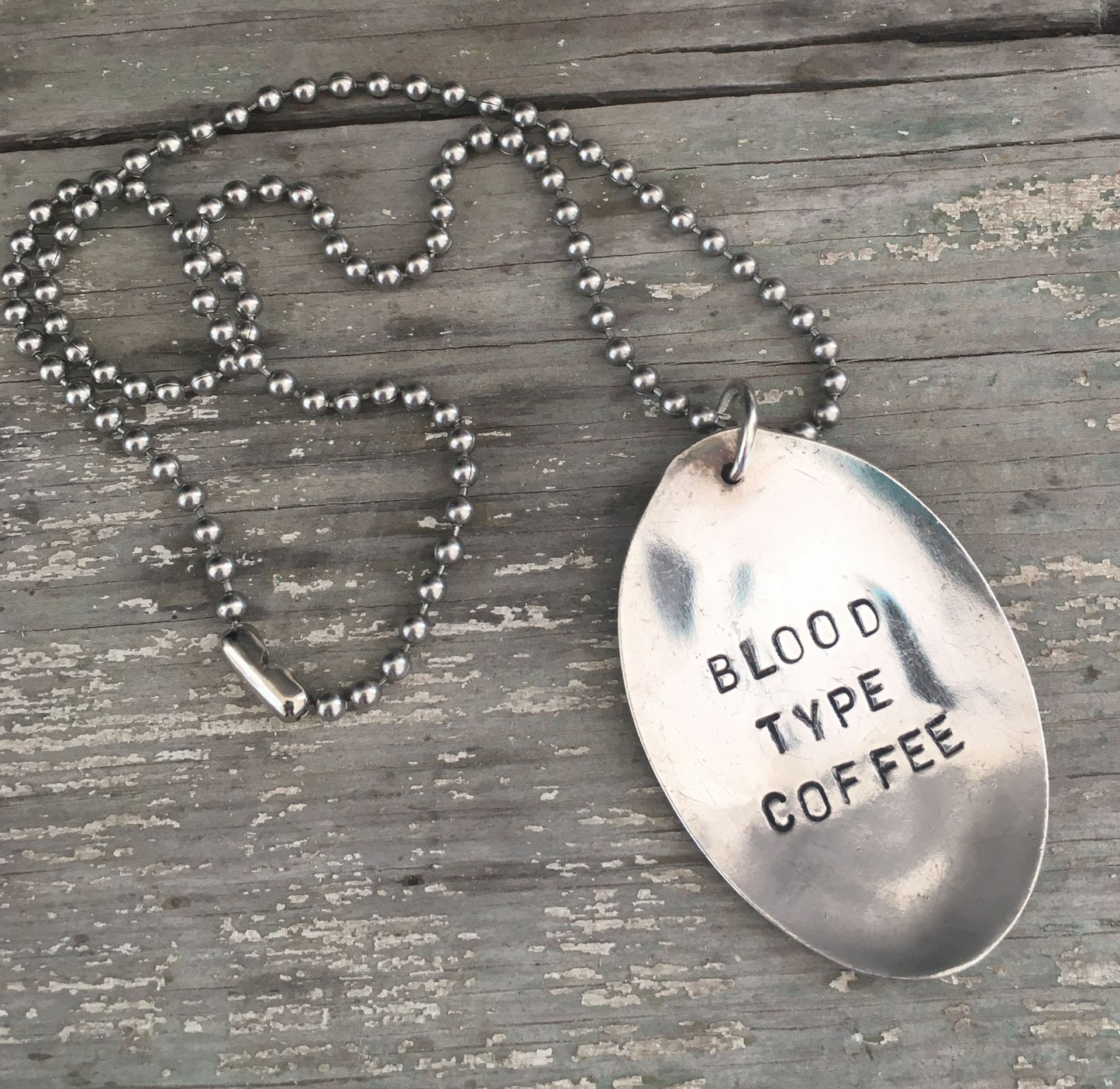 Handcrafted BLOOD TYPE COFFEE stamped spoon necklace on vintage 1970s ball chain, upcycled silverplate coffee lover jewelry