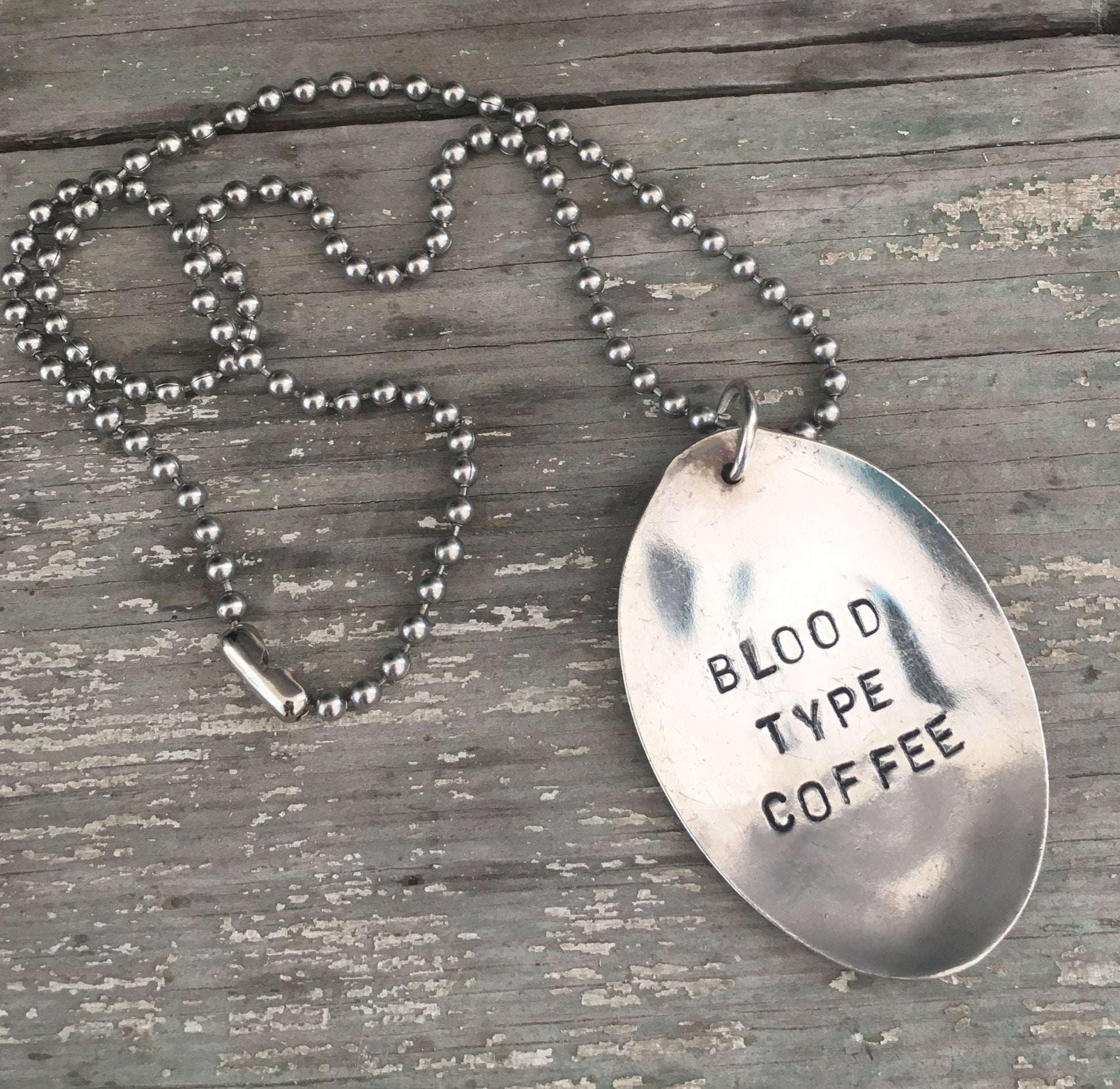Handcrafted BLOOD TYPE COFFEE stamped spoon necklace on vintage 1970s ball chain, upcycled silverplate coffee lover jewelry
