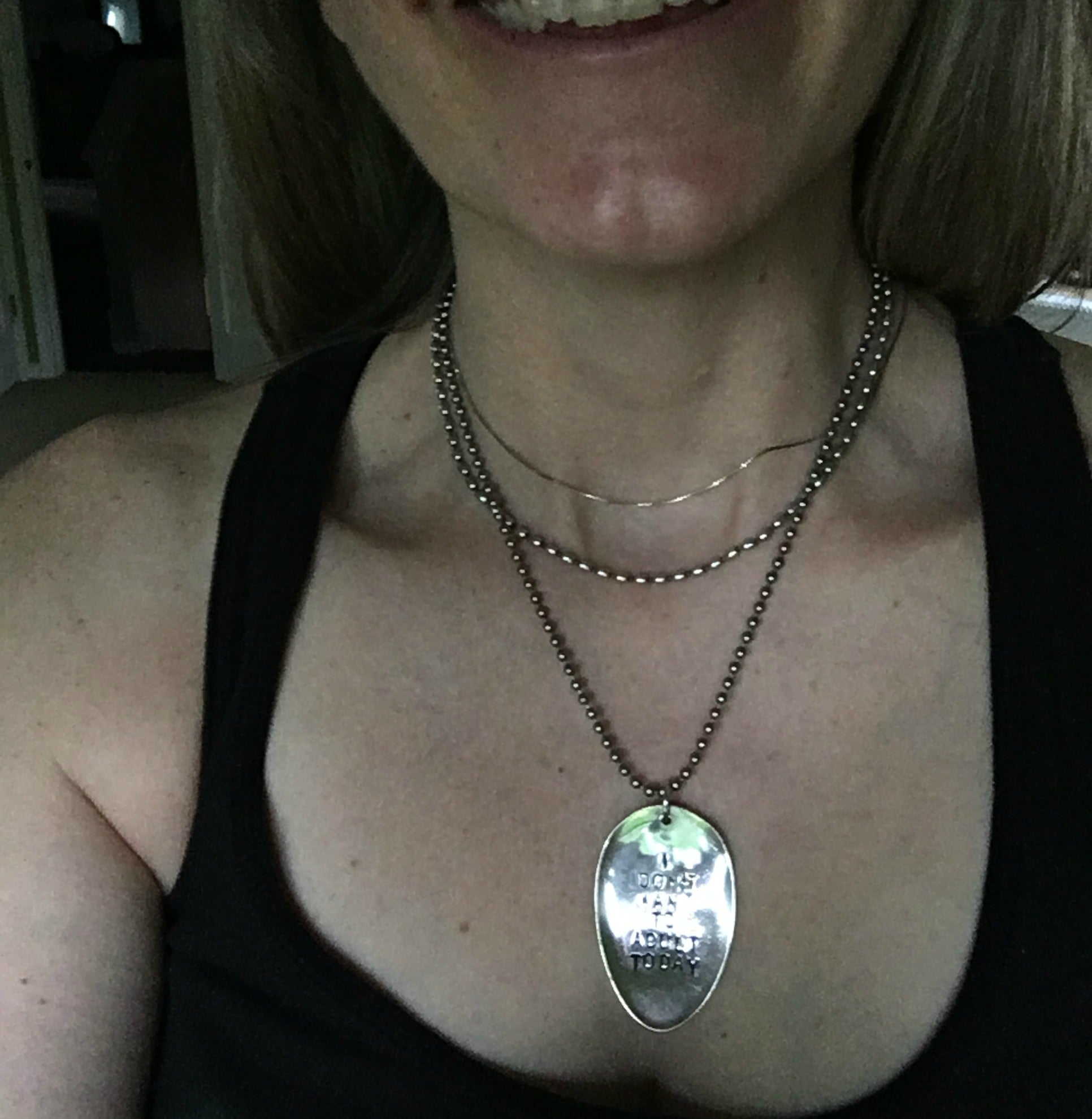 I DON'T WANT TO ADULT TODAY spoon necklace on vintage ball chain shown on model, fun relatable message on upcycled silverware jewelry