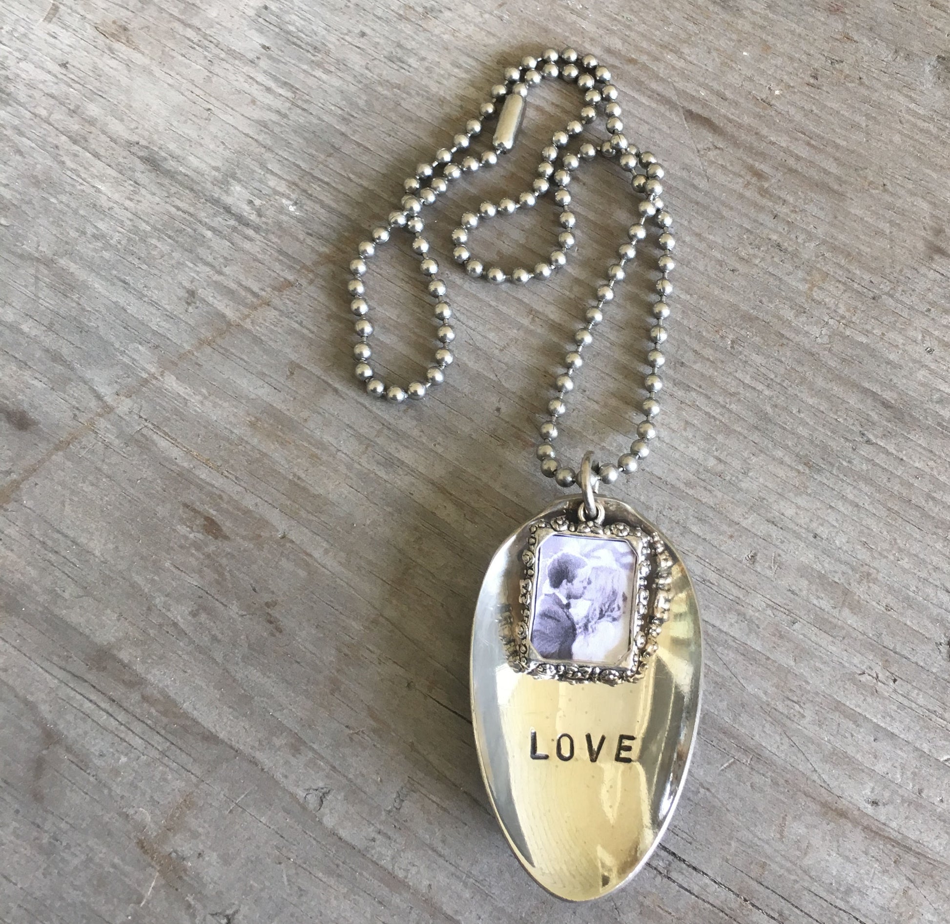 Handcrafted LOVE stamped spoon necklace with pewter photo frame on vintage 1970s ball chain, upcycled silverware jewelry