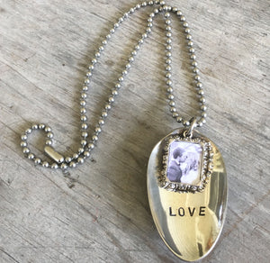 Handstamped Spoon Necklace Personalize LOVE with Small Locket Like Frame
