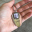 LOVE stamped spoon necklace with pewter photo frame held in hand for scale on vintage ball chain, Valentine's Day gift