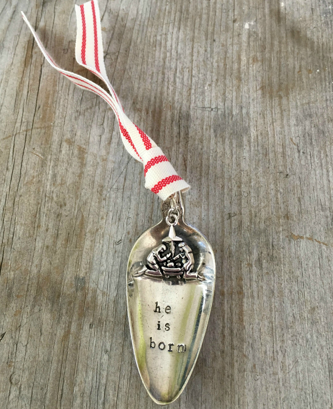 Stamped spoon Christmas ornament with manger charm
