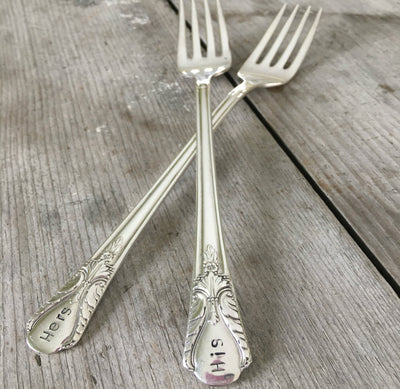 Pair of handstamped vintage silverplate forks for cake table  stamped his hers