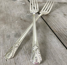 Pair of handstamped vintage silverplate forks for cake table  stamped his hers