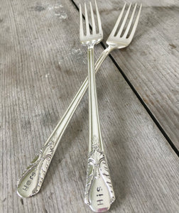 Vintage silverplate forks handstamped his and hers for wedding cake at vintage wedding