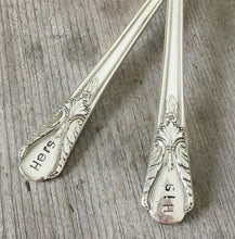 Close up of hand stamped words his and hers on Avalon vintage silverplate forks for wedding cake table
