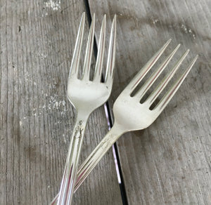 Close up of fork tines on I do Me Too on Vintage Avalon Wedding cake forks