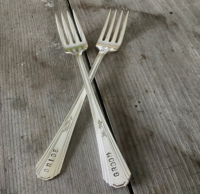 Bride and Groom Handstamped Wedding Cake Forks on Vintage Paris Forks
