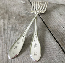 Wide view of both handstamped Pickwick Wedding Cake Forks that read I do Me too