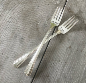 Vintage Silverplate Forks handstamped "I do" and "Me Too" for bride and groom wedding cake table