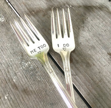 Closeup of the handstamping on the Sincerity "I do" and "me too" Wedding Cake Forks