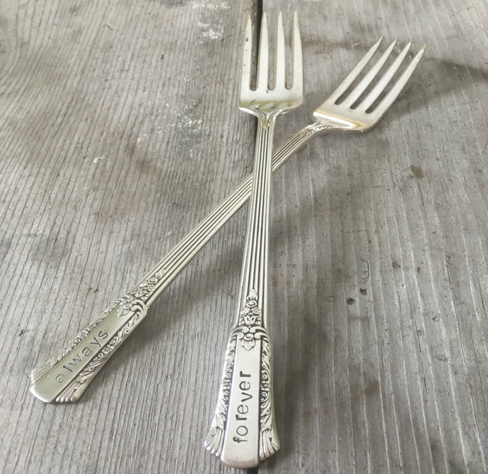 Wedding Cake Forks in the Treasure Pattern Stamped Always and Forever