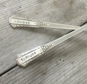 Closeup of the handstamping on the Treasure Always and Forever Wedding Cake Forks