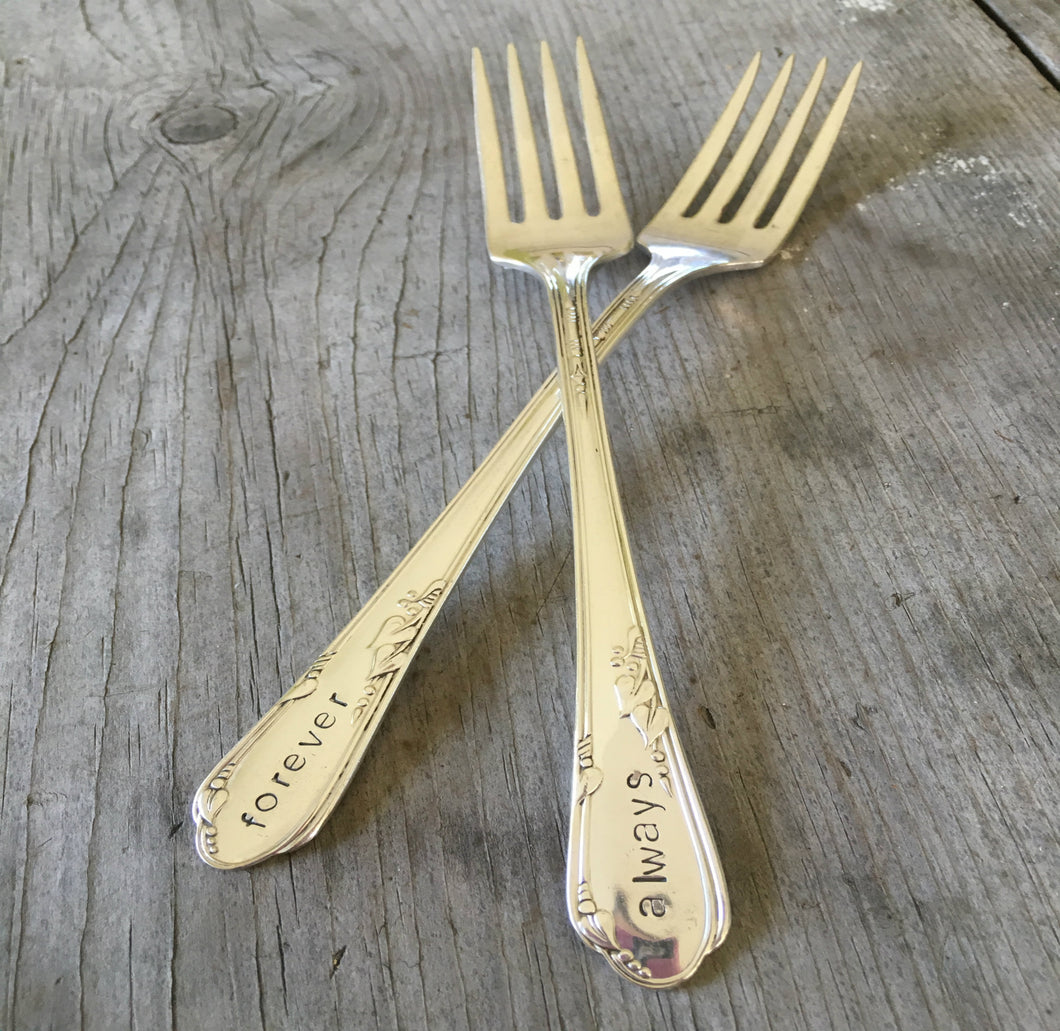 Hand stamped forks for wedding reception cake table vintage forks stamped always and forever
