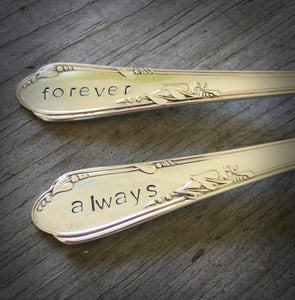 Always and Forever Stamped Fork Handles on Meadowlark Pattern Silverplate Silverware