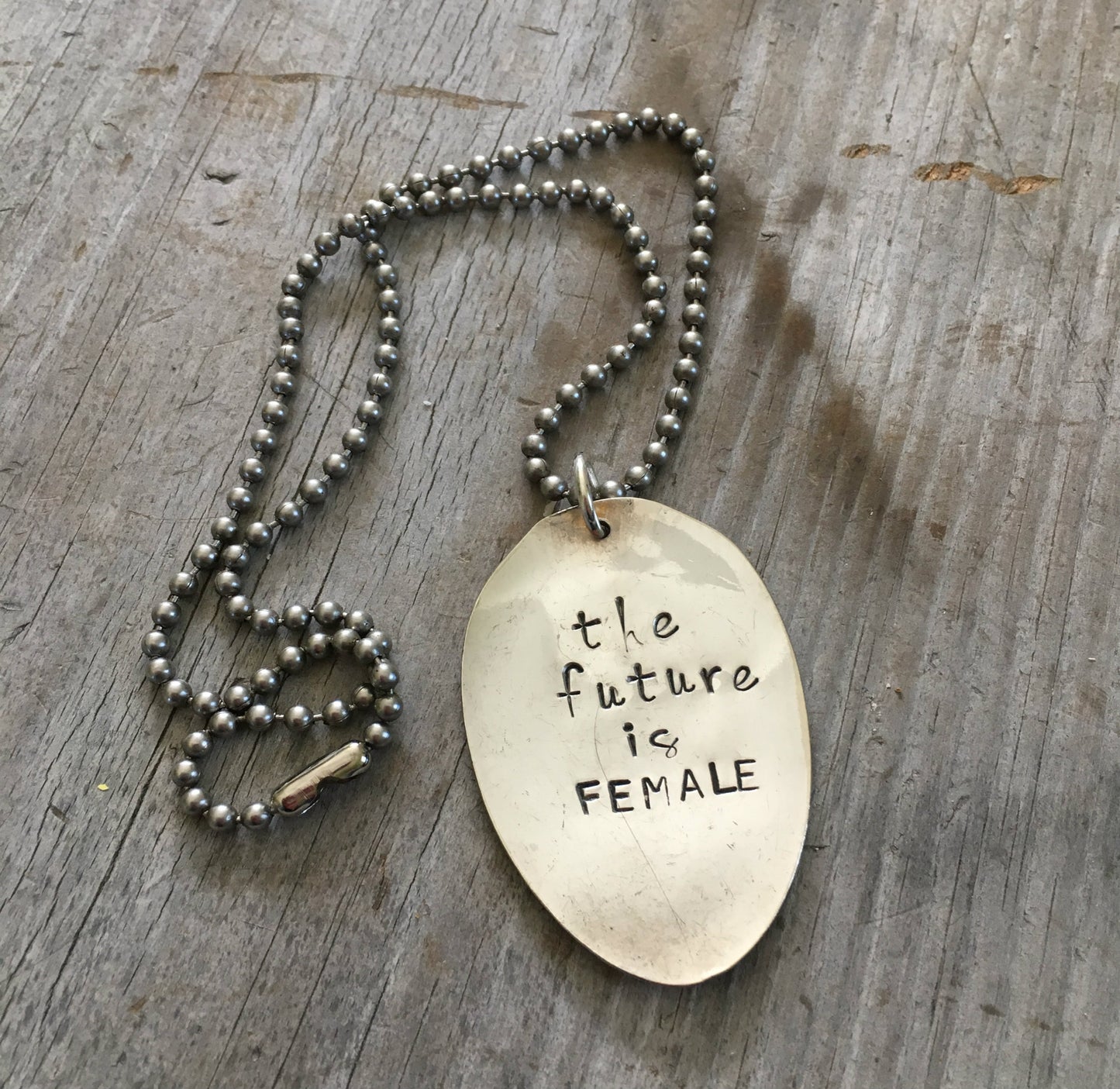 Handcrafted THE FUTURE IS FEMALE stamped spoon necklace on vintage 1970s ball chain, feminist upcycled silverplate jewelry