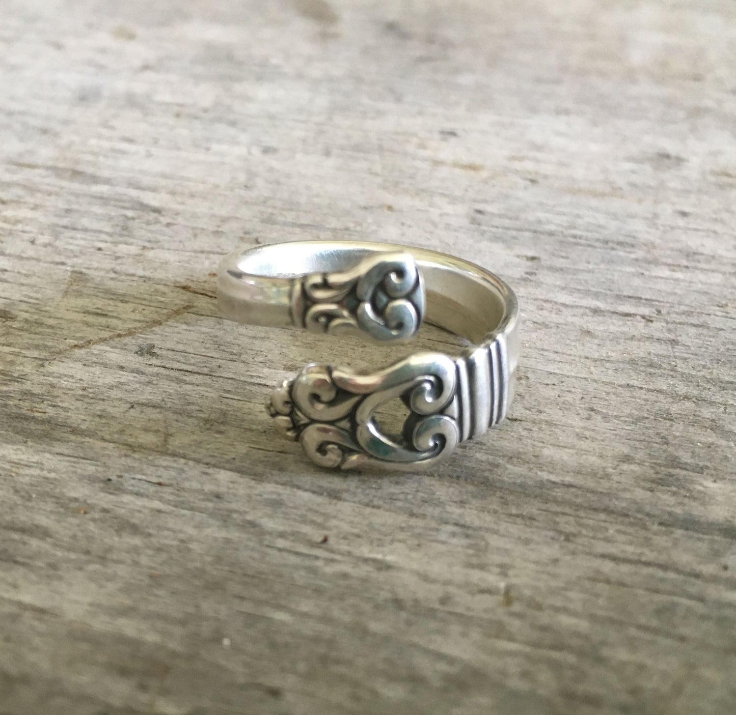 Close-up of International Silver Royal Danish sterling spoon ring with clean lines and Scandinavian design elements