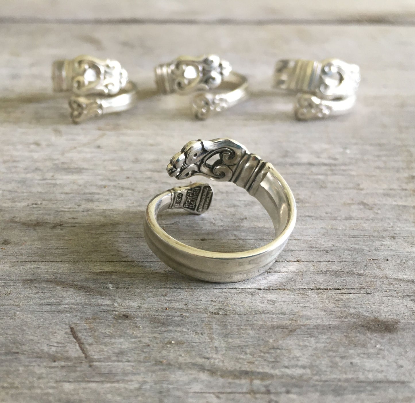 Back view of International Silver Royal Danish sterling spoon ring showing balanced modern pattern by Alfred G. Kintz