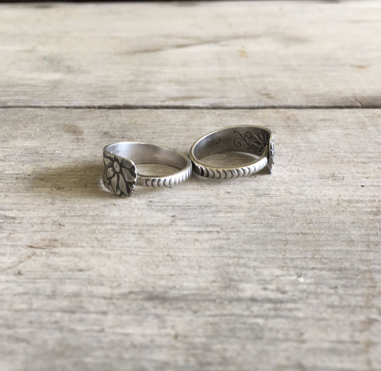 Gorham Dehli sterling spoon ring top view showing ornate pattern - Sterling spoon ring - handcrafted from upcycled vintage silverware - Laughing Frog Studio