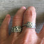 Gorham Dehli sterling spoon ring worn on model's hand - Sterling spoon ring - handcrafted from upcycled vintage silverware - Laughing Frog Studio