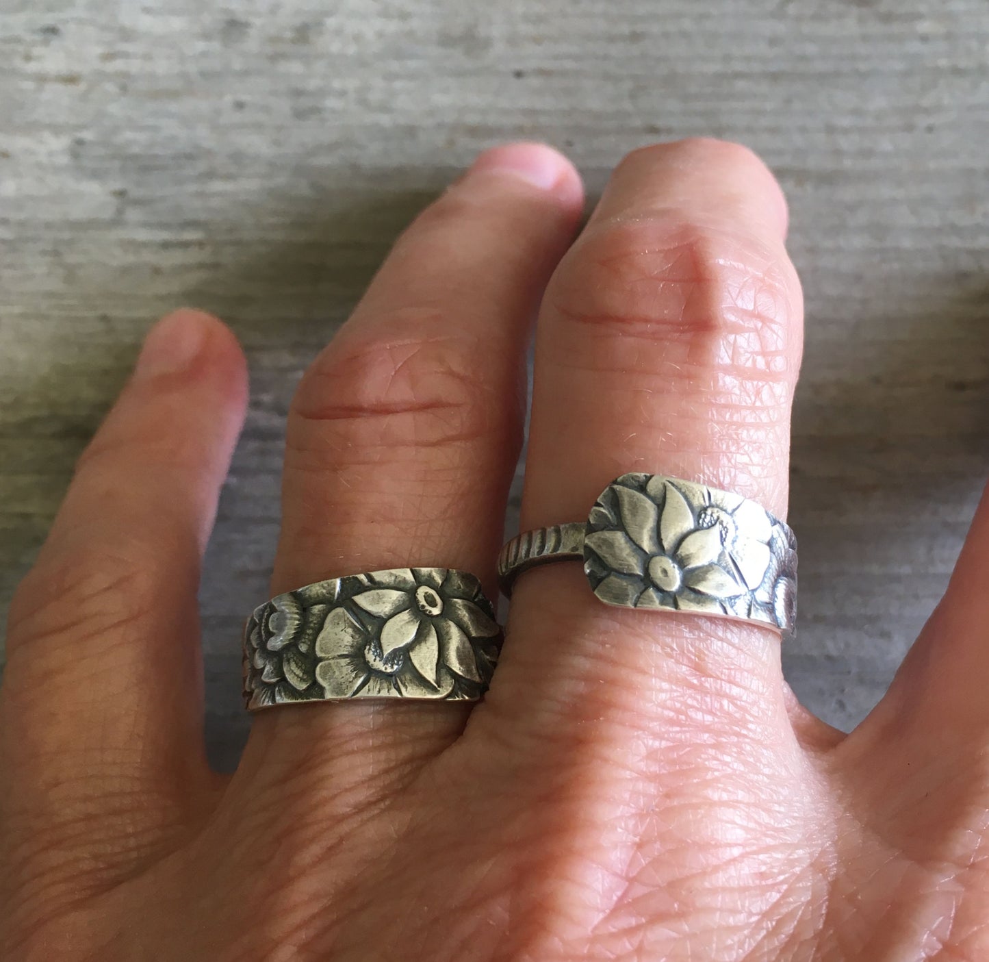Gorham Dehli sterling spoon ring worn on model's hand - Sterling spoon ring - handcrafted from upcycled vintage silverware - Laughing Frog Studio