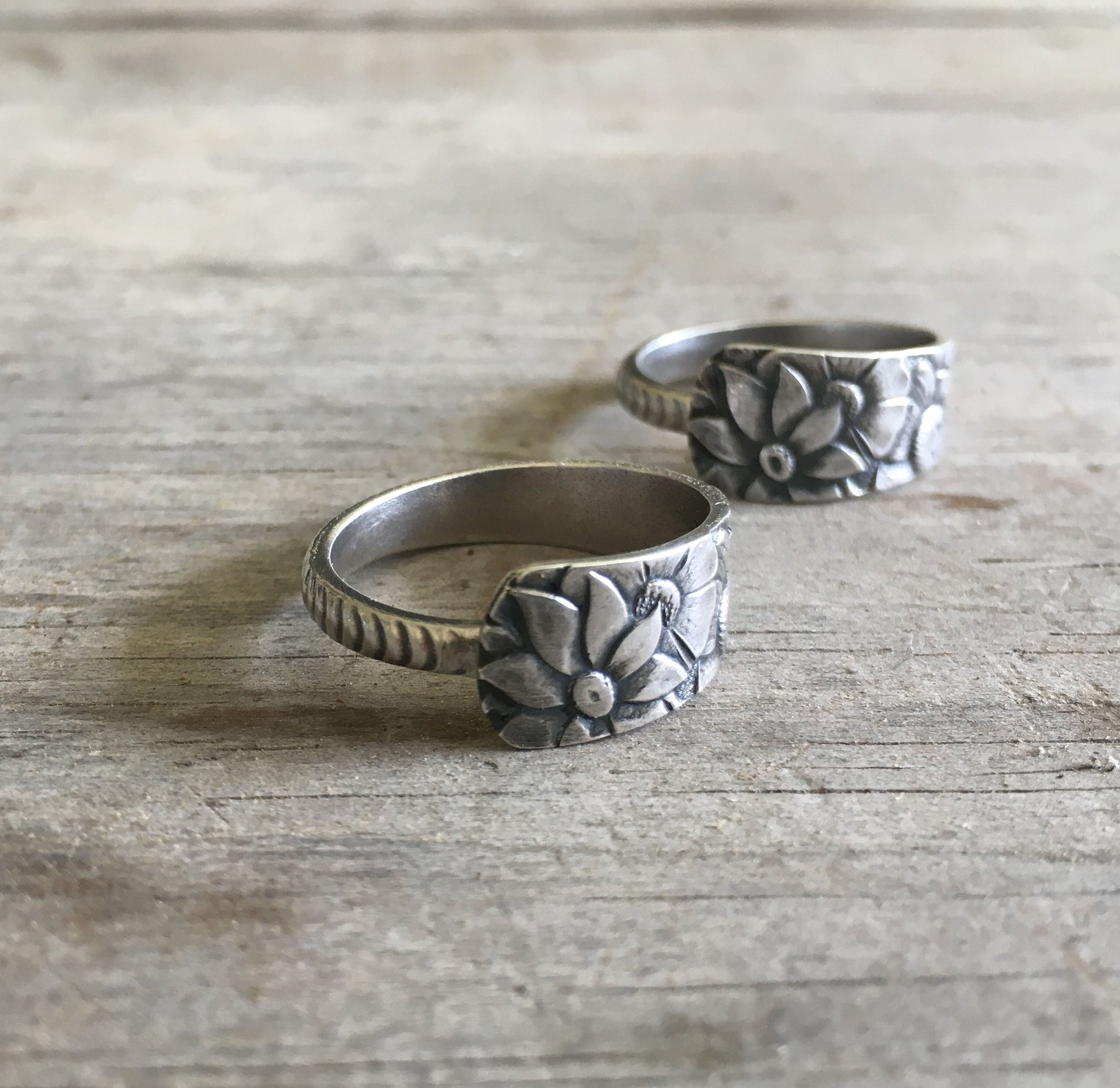 Gorham Dehli sterling demitasse spoon ring flatlay - Sterling spoon ring - handcrafted from upcycled vintage silverware - Laughing Frog Studio