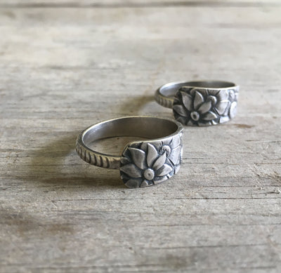 Gorham Dehli sterling demitasse spoon ring flatlay - Sterling spoon ring - handcrafted from upcycled vintage silverware - Laughing Frog Studio
