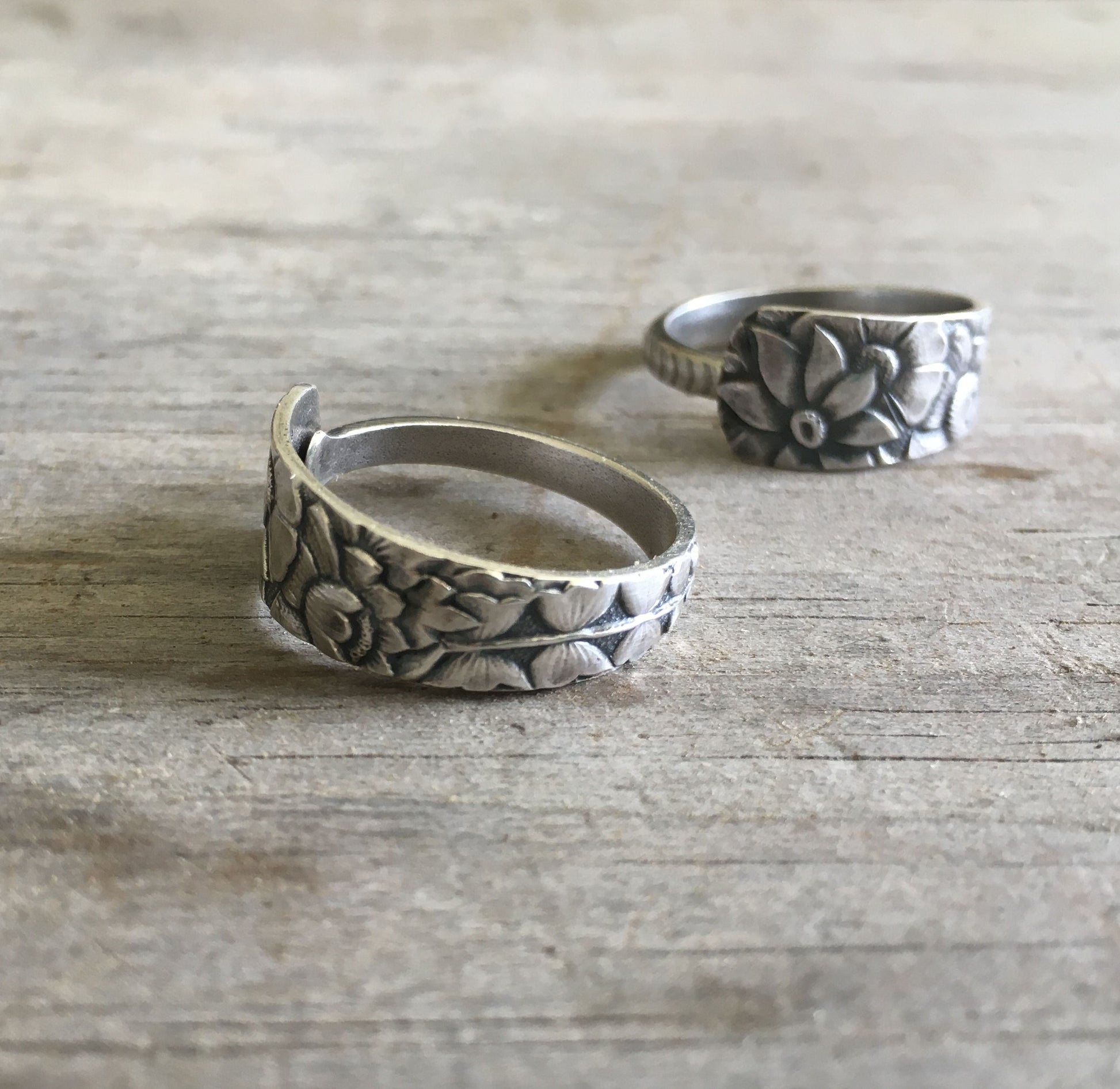 Gorham Dehli sterling spoon ring alternate angle - Sterling spoon ring - handcrafted from upcycled vintage silverware - Laughing Frog Studio