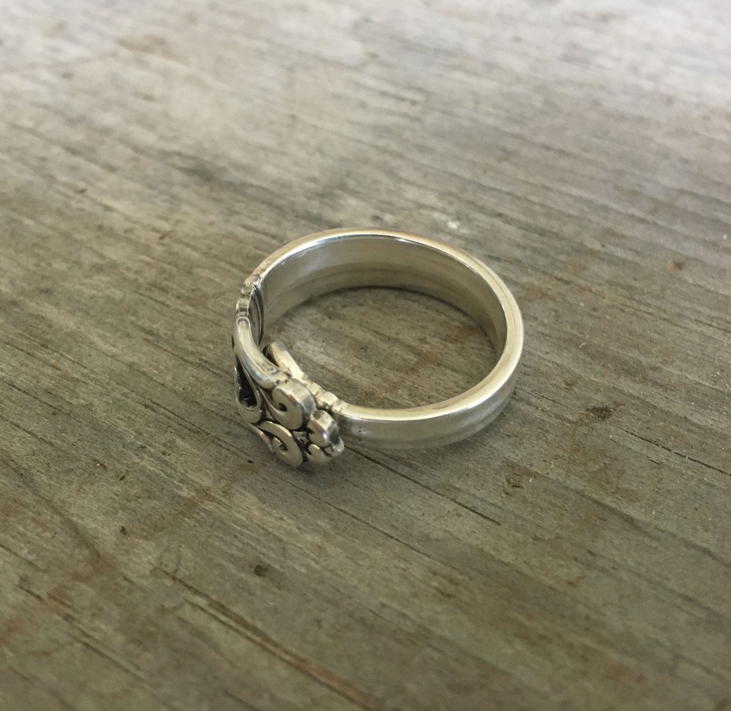 Top view of 1939 International Silver Royal Danish demitasse spoon transformed into artisan sterling ring - Sterling spoon ring - handcrafted from upcycled vintage silverware - Laughing Frog Studio