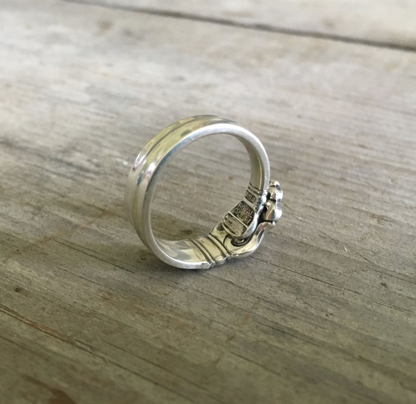 Self-wrap construction detail on International Silver Royal Danish sterling demitasse spoon ring - Sterling spoon ring - handcrafted from upcycled vintage silverware - Laughing Frog Studio