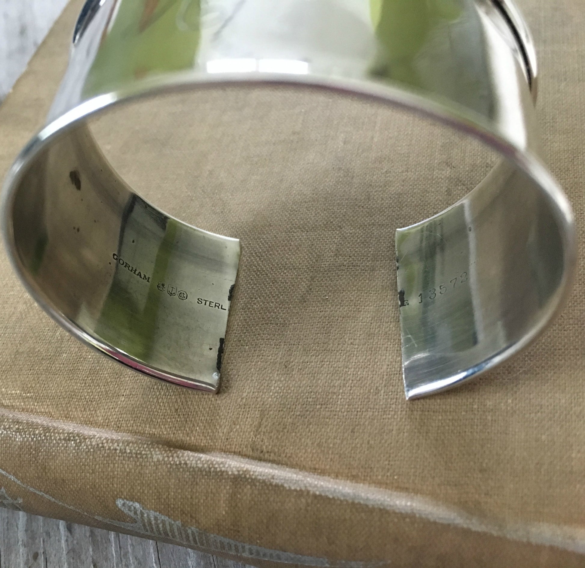 Sterling markings on Sterling napkin ring cuff bracelet monogrammed Alice