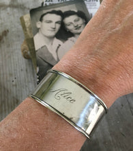 Sterling napkin ring cuff bracelet monogrammed Alice Shown on Model's arm