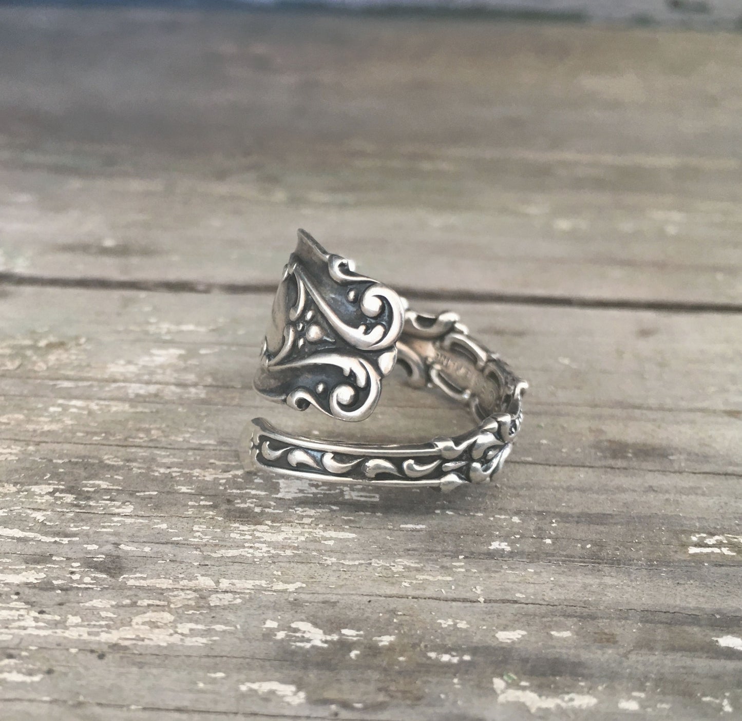 Josephine pattern Whiting sterling silver spoon ring side view - Sterling spoon ring - handcrafted from upcycled vintage silverware - Laughing Frog Studio