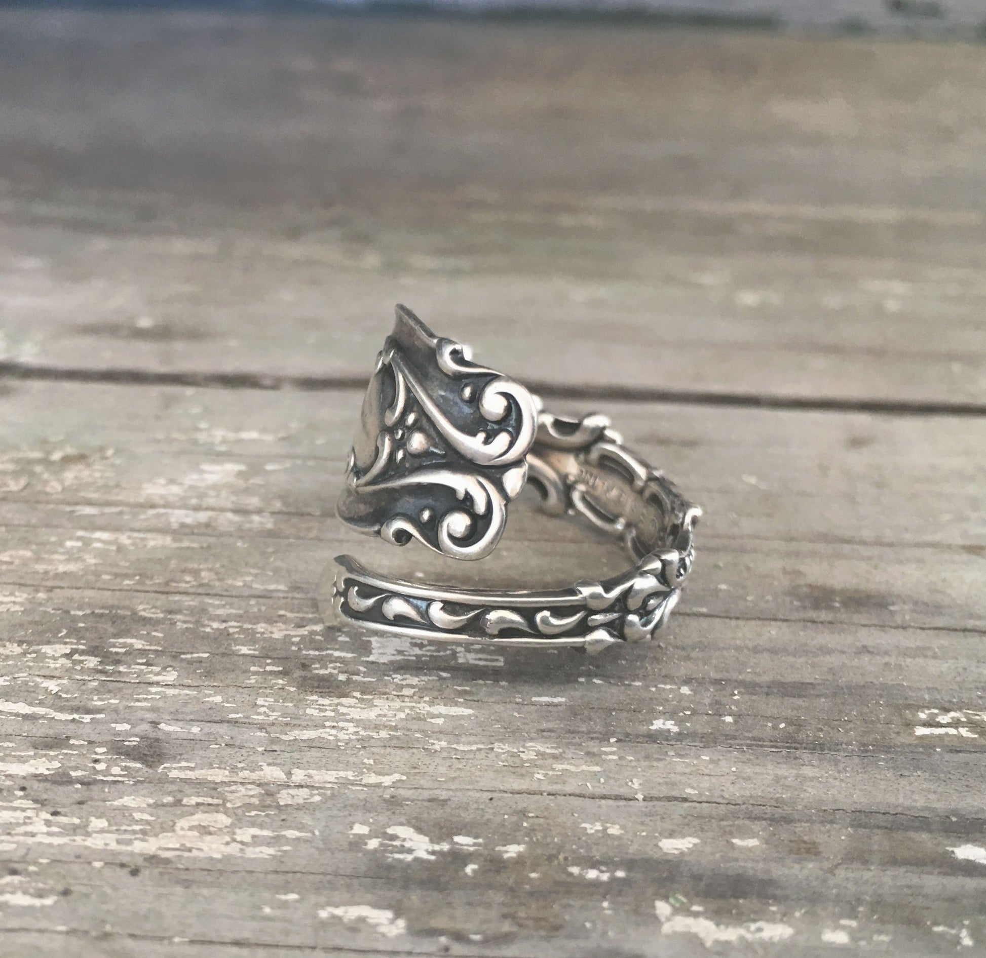 Josephine pattern Whiting sterling silver spoon ring side view - Sterling spoon ring - handcrafted from upcycled vintage silverware - Laughing Frog Studio