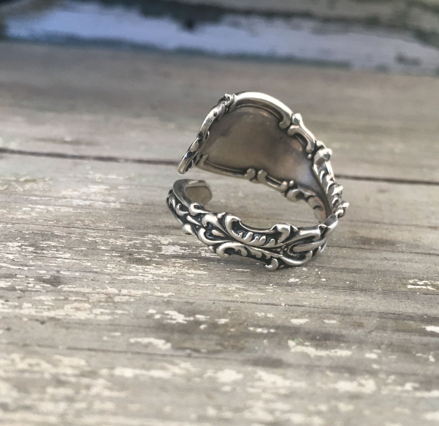 Ornate Josephine pattern sterling silver coil wrap spoon ring - Sterling spoon ring - handcrafted from upcycled vintage silverware - Laughing Frog Studio