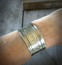 Antique Silver Monogram Napkin Ring Cuff Bracelet Shown on Model's wrist