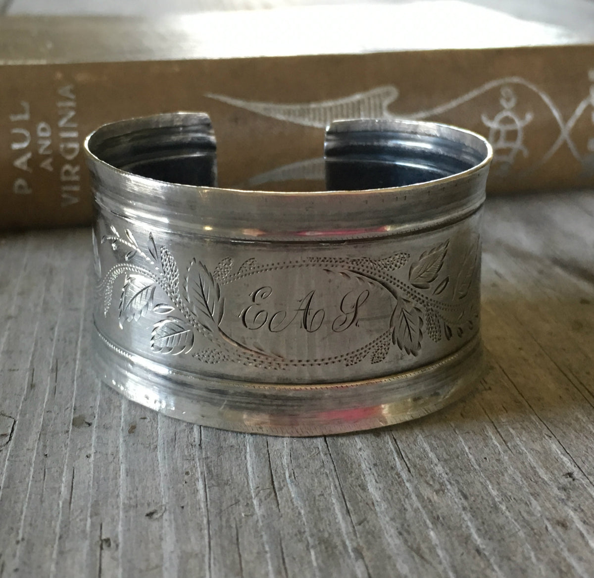 Antique Silver Monogram Napkin Ring Cuff Bracelet 3214 Laughing