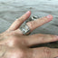 Lois sterling silver spoon ring shown on hand - handcrafted upcycled vintage silverware jewelry