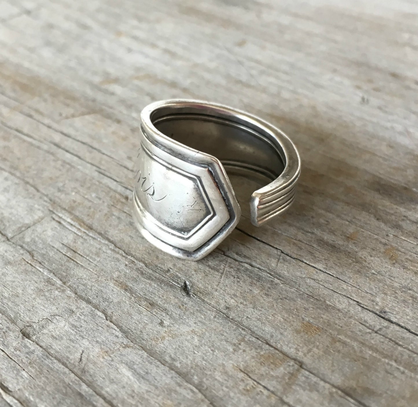 Alternate view of Sterling Silver Spoon Ring Made from ca. 1940 Baby Fork Monogram Lois