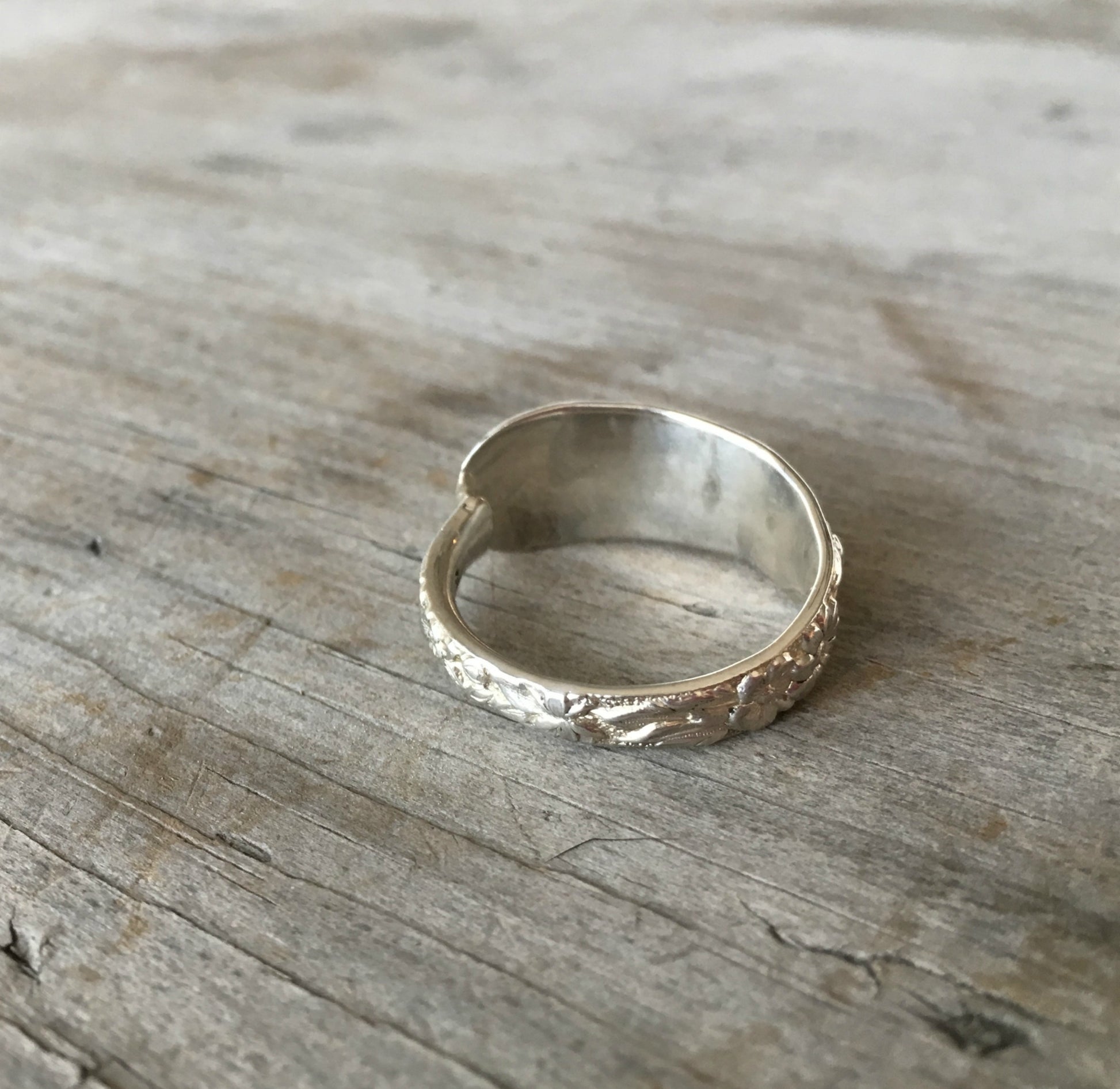 Inside view of Sterling Silver Spoon Ring From Demi Tasse Spoon with Floral Relief