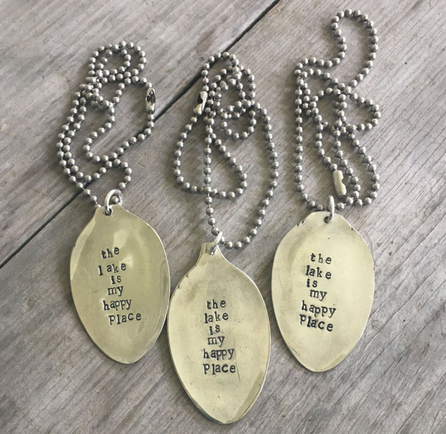 Handcrafted THE LAKE IS MY HAPPY PLACE stamped spoon necklaces on vintage 1970s ball chains, upcycled silverplate lake life jewelry