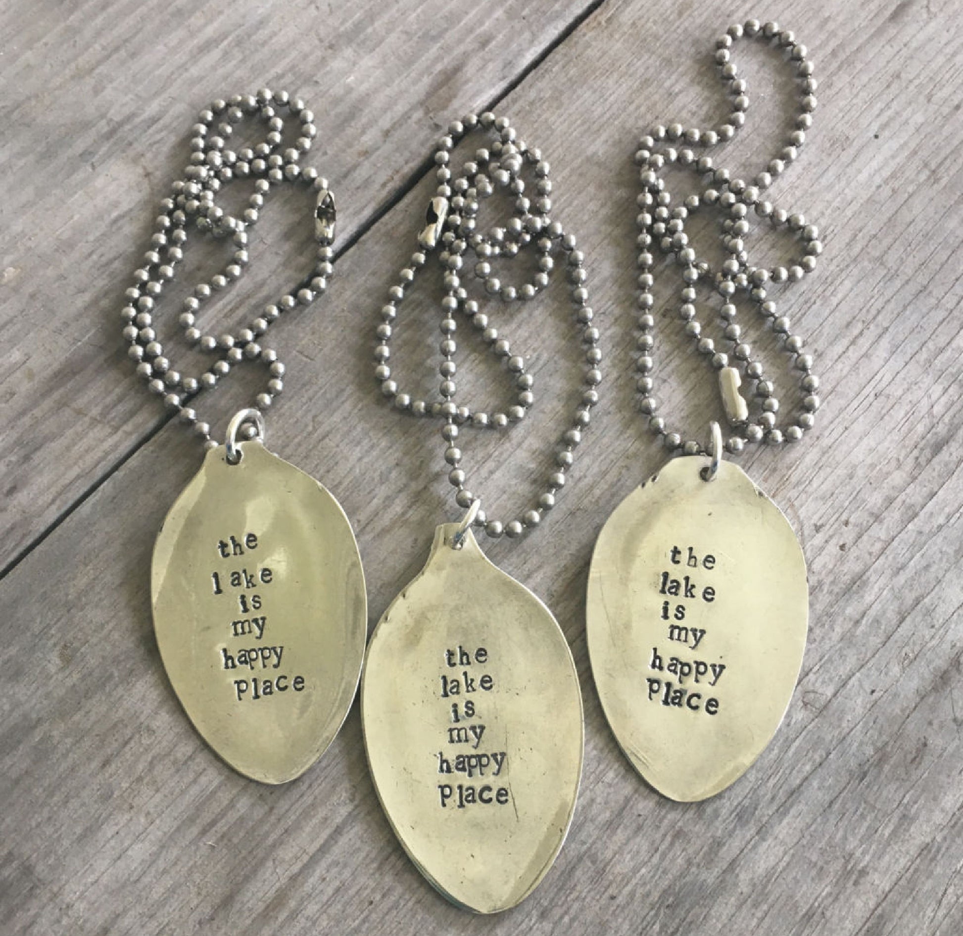 Handcrafted THE LAKE IS MY HAPPY PLACE stamped spoon necklaces on vintage 1970s ball chains, upcycled silverplate lake life jewelry