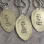 Close-up of THE LAKE IS MY HAPPY PLACE hand-stamped spoon pendant showing reclaimed vintage silverware, soulful lake-themed design