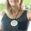 Tomato Server Necklace with Black Leather Cord Shown on Model