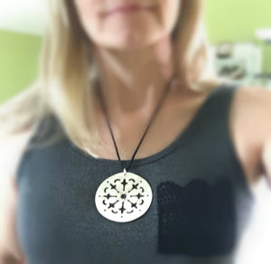 Tomato Server Necklace with Black Leather Cord Shown on Model