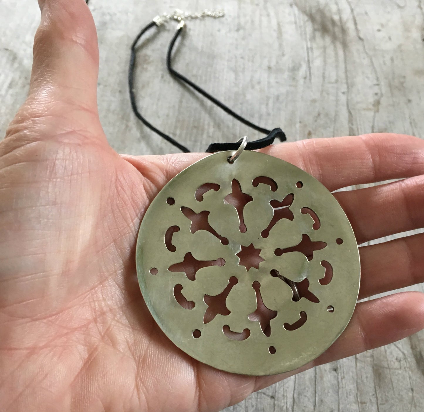 Fairfield Plate Tomato Server Necklace Silverplate Silverware Jewelry Hanging from Black Leather Cord