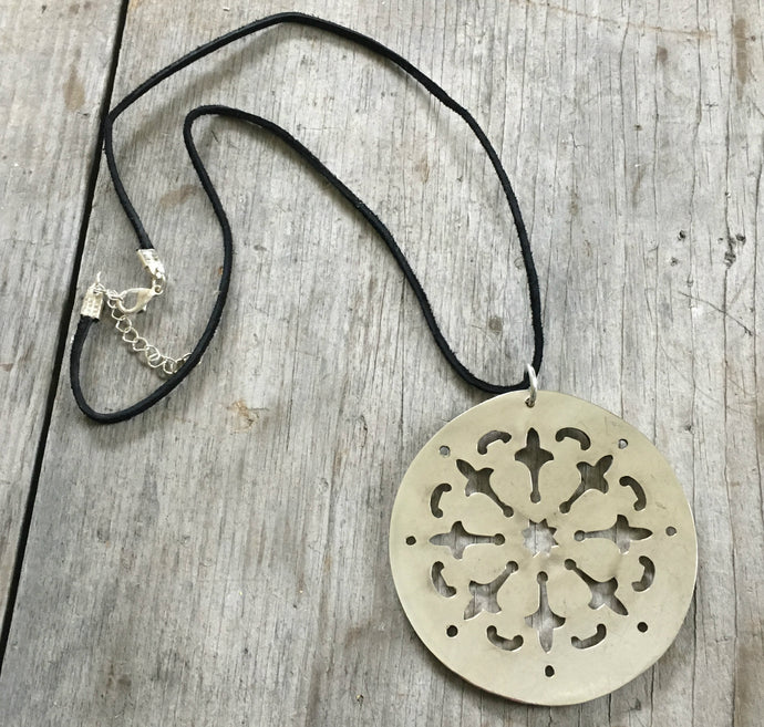 Tomato Server Necklace Silverplate Silverware Jewelry Hanging from Black Leather Cord