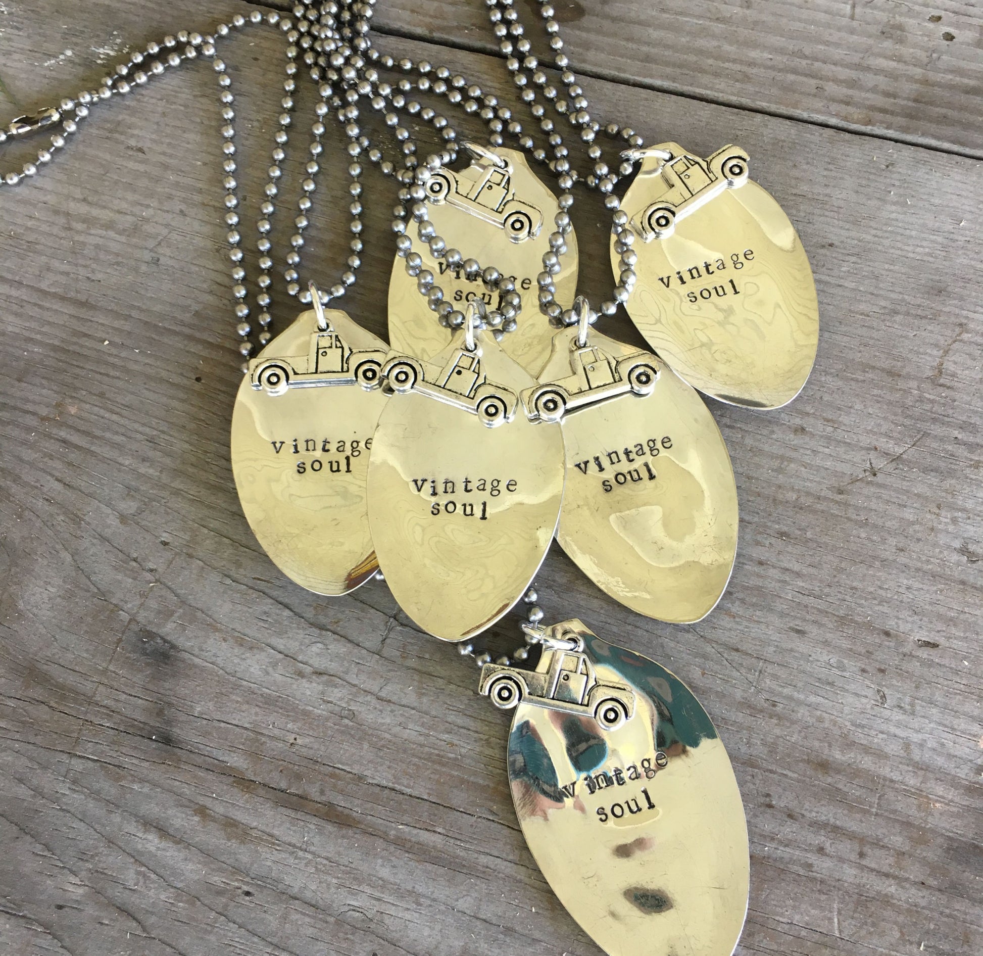 Handcrafted VINTAGE SOUL stamped spoon necklaces with vintage truck charms on ball chains, upcycled silverplate jewelry